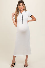 White Ribbed Knit Collared Button Front Maternity Dress