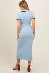 Light Blue Ribbed Knit Collared Button Front Maternity Dress