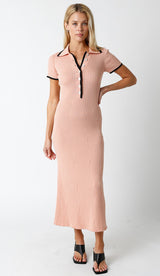 Peach Ribbed Knit Collared Button Front Maternity Dress