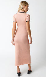 Peach Ribbed Knit Collared Button Front Dress