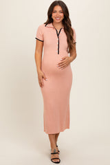 Peach Ribbed Knit Collared Button Front Maternity Dress