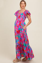 Pink Smocked Ruffle Sleeve Maternity Maxi Dress