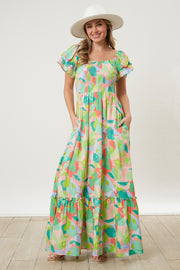 Light Coral Smocked Ruffle Sleeve Maxi Dress