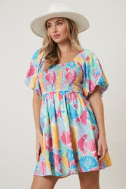 Mint Multi Color Print Smocked Dress