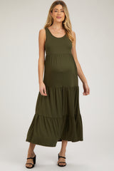 Olive Sleeveless Scoop Back Tiered Maternity Maxi Dress