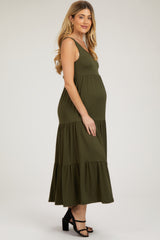 Olive Sleeveless Scoop Back Tiered Maternity Maxi Dress