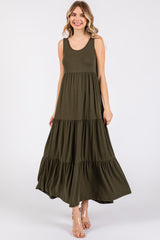 Olive Sleeveless Scoop Back Tiered Maxi Dress