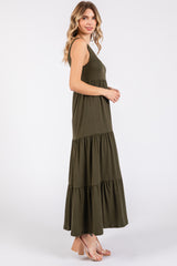 Olive Sleeveless Scoop Back Tiered Maxi Dress