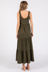 Olive Sleeveless Scoop Back Tiered Maxi Dress