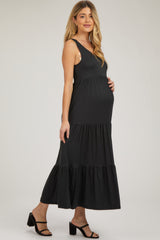 Black Sleeveless Scoop Back Tiered Maternity Maxi Dress