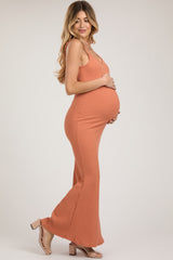 Peach Ribbed Maternity Maxi Dress