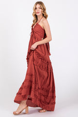 Rust Ruffle Ruched Deep V-Neck Maxi Dress