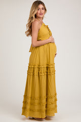 Yellow Ruffle Ruched Deep V-Neck Maternity Maxi Dress