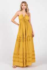 Yellow Ruffle Ruched Deep V-Neck Maternity Maxi Dress