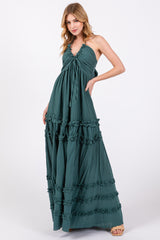 Dark Teal Ruffle Ruched Deep V-Neck Maternity Maxi Dress