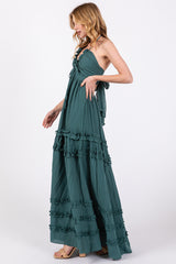 Dark Teal Ruffle Ruched Deep V-Neck Maxi Dress