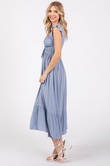 Light Blue Smocked Ruched Ruffle Hem Maxi Dress