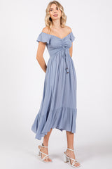 Light Blue Smocked Ruched Ruffle Hem Maxi Dress