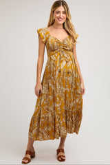 Yellow Tropical Print Smocked Short Sleeve Maternity Maxi Dress