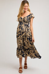 Navy Tropical Print Smocked Short Sleeve Maternity Maxi Dress