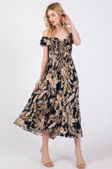 Navy Tropical Print Smocked Short Sleeve Maxi Dress