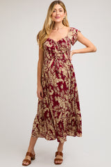 Burgundy Tropical Print Smocked Short Sleeve Maternity Maxi Dress