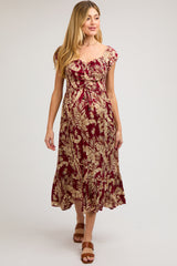 Burgundy Tropical Print Smocked Short Sleeve Maternity Maxi Dress