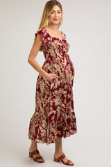 Burgundy Tropical Print Smocked Short Sleeve Maternity Maxi Dress