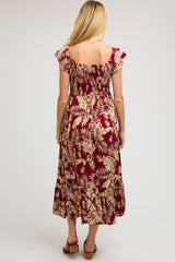 Burgundy Tropical Print Smocked Short Sleeve Maternity Maxi Dress