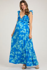 Blue Floral Ruffle V-Neck Back Cutout Maternity Maxi Dress