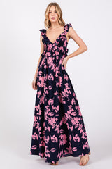 Navy Blue Floral Ruffle V-Neck Back Cutout Maternity Maxi Dress