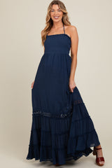 Navy Smocked Open Back Maternity Maxi Dress