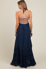 Navy Smocked Open Back Maternity Maxi Dress