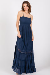 Navy Smocked Open Back Maternity Maxi Dress