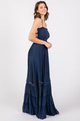 Navy Smocked Open Back Maxi Dress