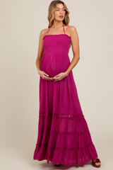 Purple Smocked Open Back Maternity Maxi Dress