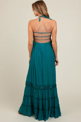 Teal Smocked Open Back Maternity Maxi Dress