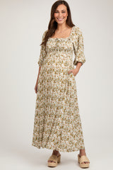 Light Olive Floral Smocked Bodice Maternity Maxi Dress