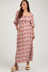 Red Abstract Floral Smocked Maternity Maxi Dress