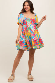 Blue Multicolor Print Puff Sleeve Maternity Dress