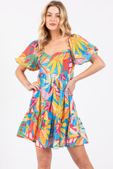 Blue Multicolor Print Puff Sleeve Dress