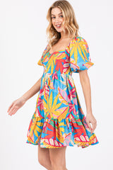 Blue Multicolor Print Puff Sleeve Dress