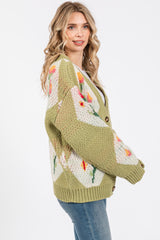 Green Floral Argyle Cardigan Sweater