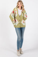 Green Floral Argyle Cardigan Sweater