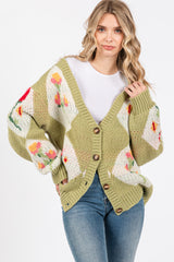 Green Floral Argyle Cardigan Sweater