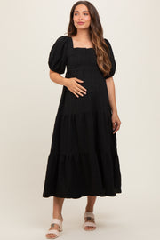 Black Textured Maternity Tiered Midi Dress