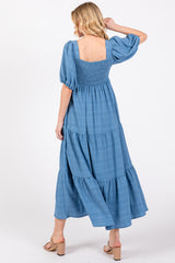 Blue Textured Tiered Midi Dress