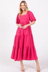 Fuchsia Textured Maternity Tiered Midi Dress