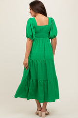 Green Textured Maternity Tiered Midi Dress