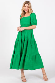 Green Textured Tiered Midi Dress